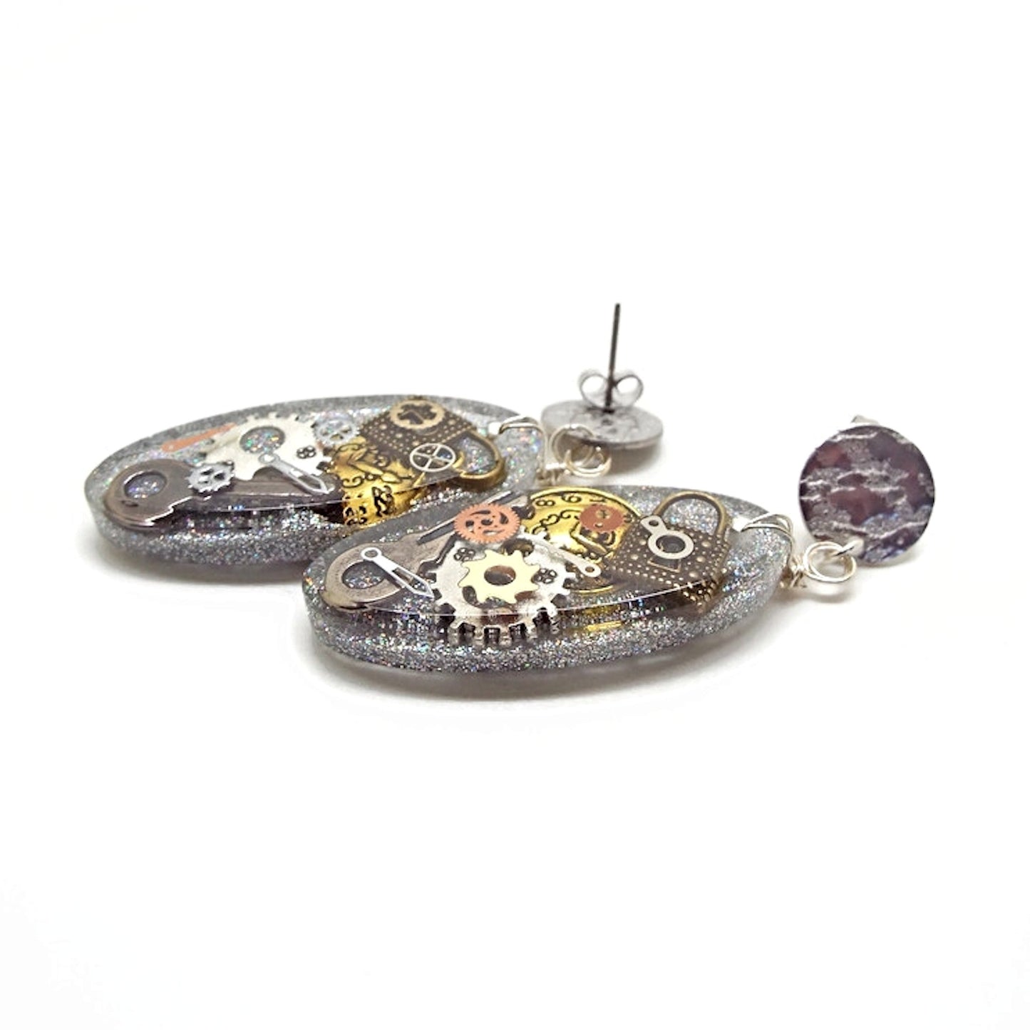 Oval Steampunk Dangle Earrings with Holographic Glitter