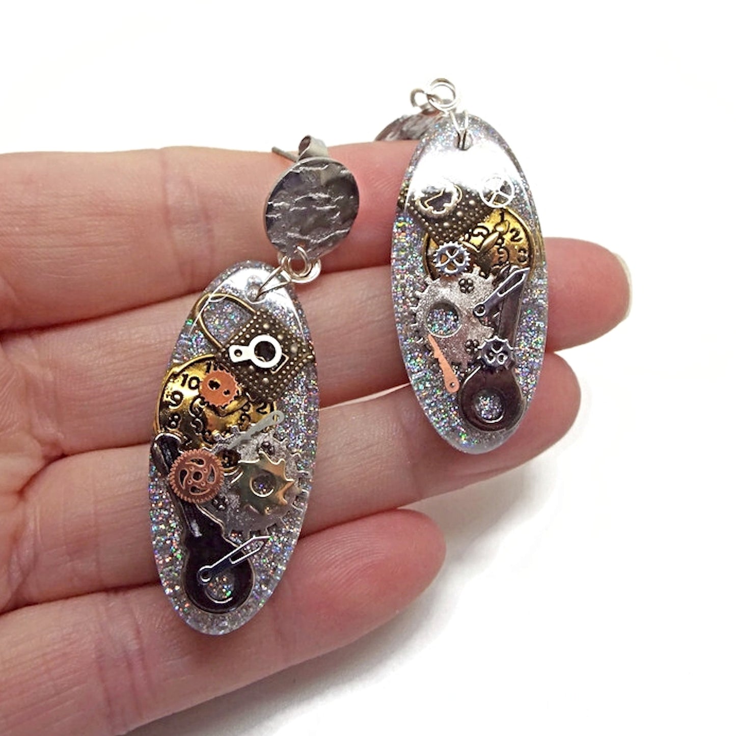 Oval Steampunk Dangle Earrings with Holographic Glitter