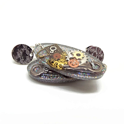Oval Steampunk Dangle Earrings with Holographic Glitter