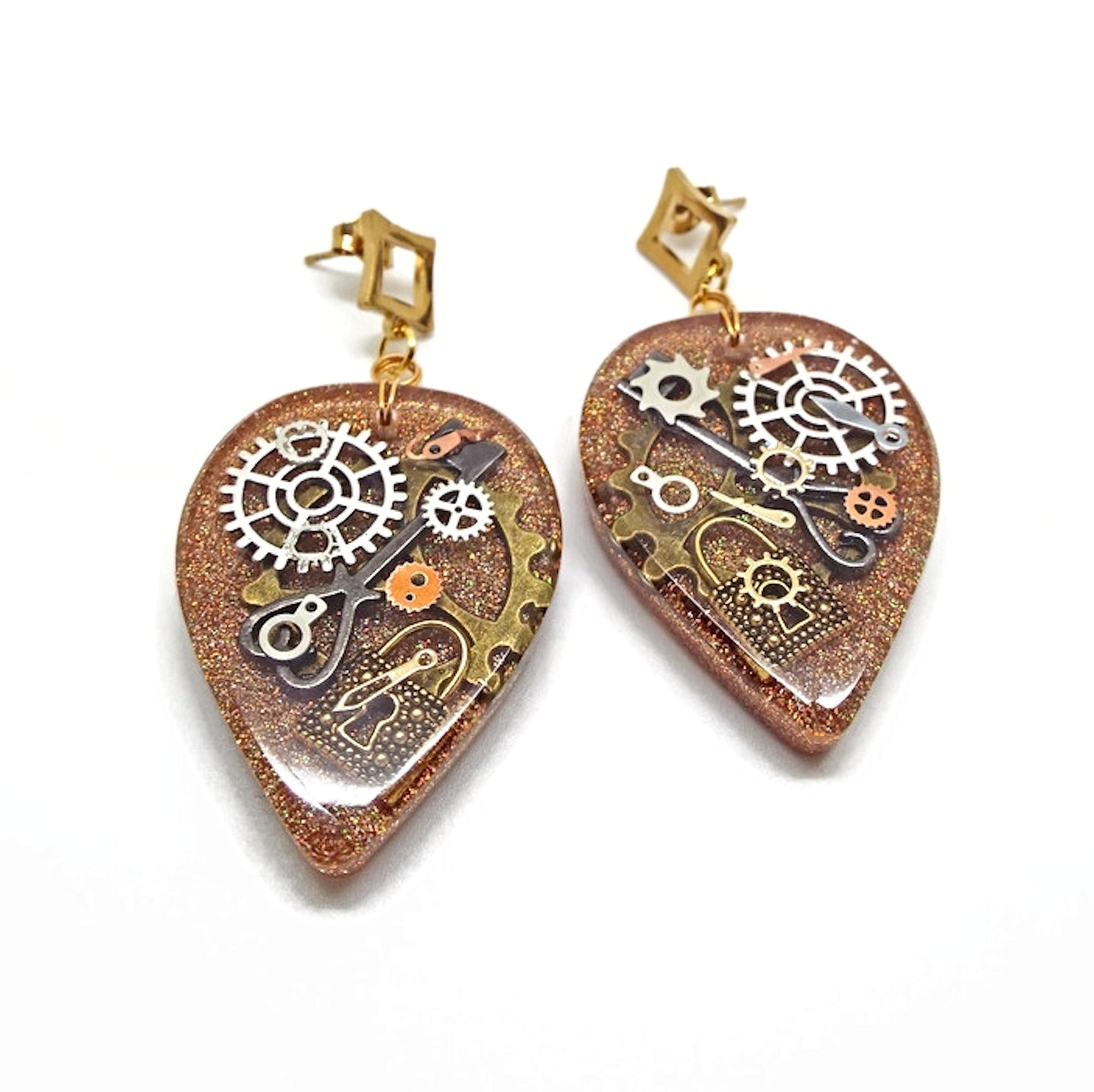 Gold Steampunk Earrings with Stainless Steel Earwires
