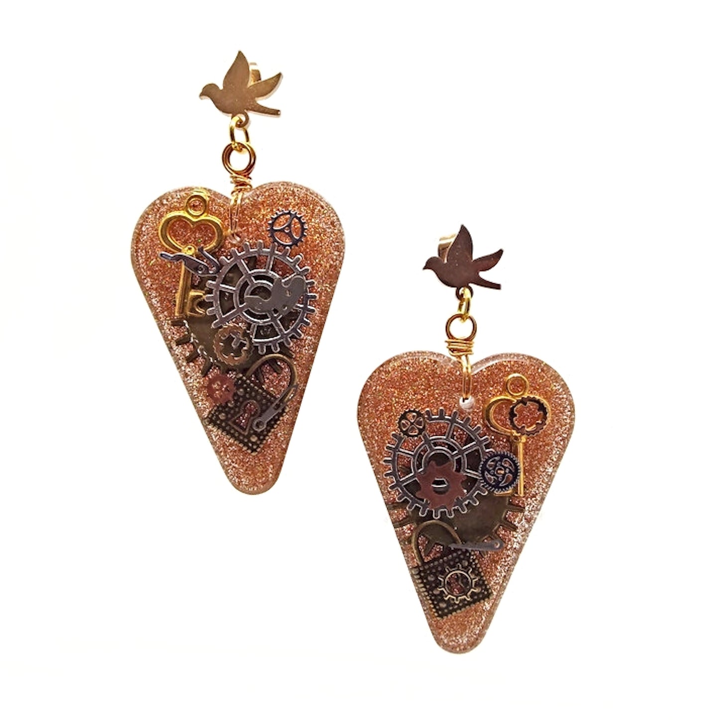 Heart Shaped Steampunk Earrings with Cogs and Padlocks