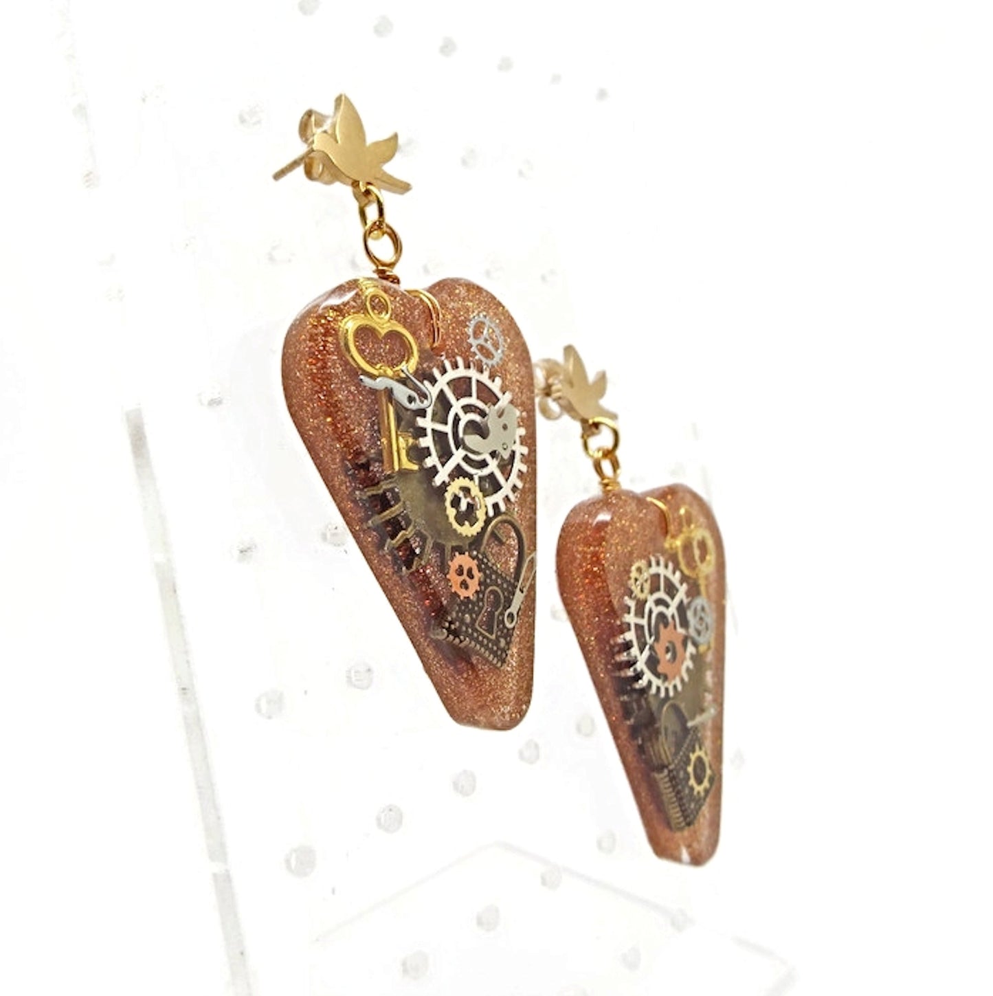 Heart Shaped Steampunk Earrings with Cogs and Padlocks
