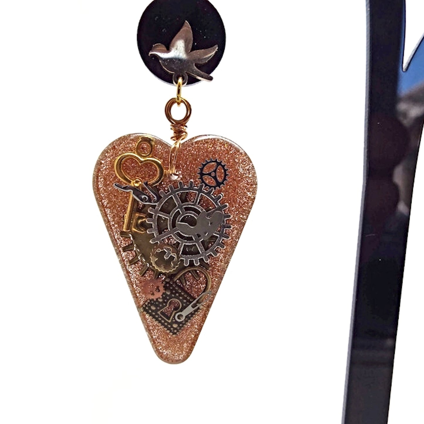 Heart Shaped Steampunk Earrings with Cogs and Padlocks