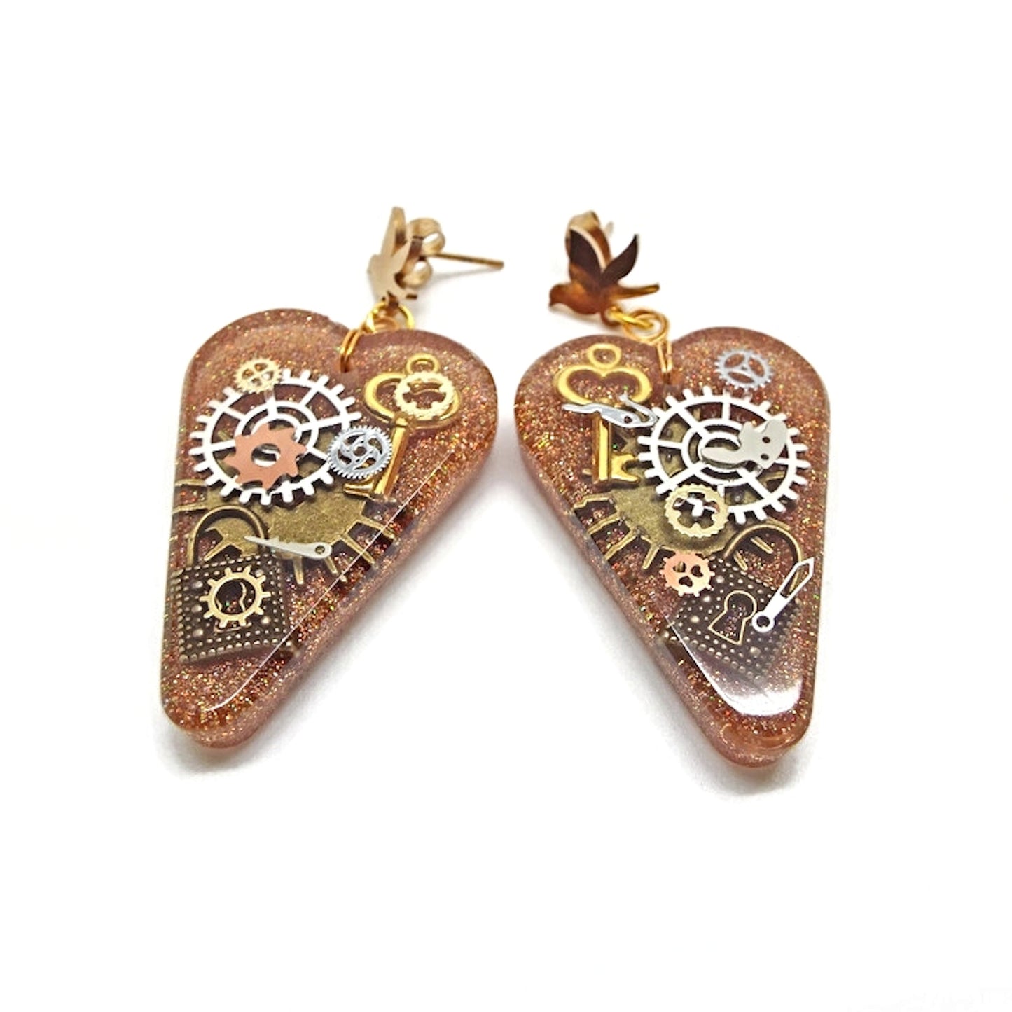 Heart Shaped Steampunk Earrings with Cogs and Padlocks