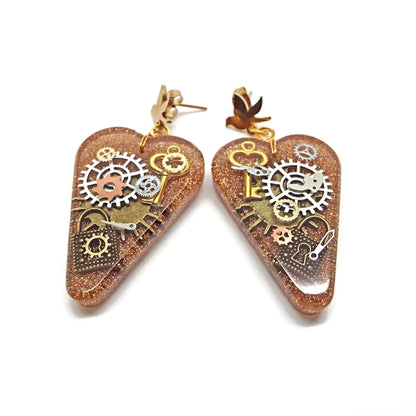 Heart Shaped Steampunk Earrings with Cogs and Padlocks