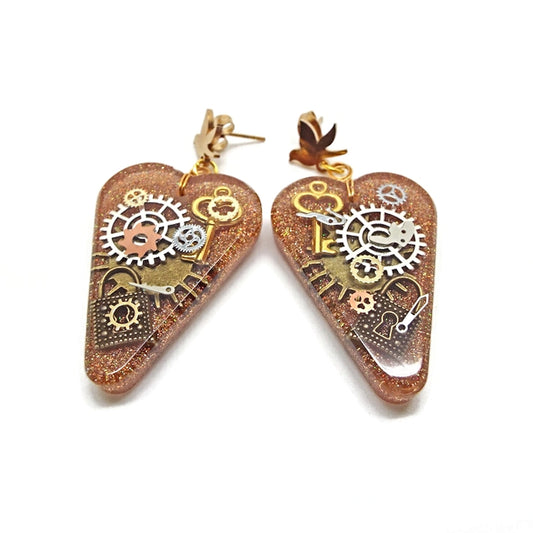Heart Shaped Steampunk Earrings with Cogs and Padlocks