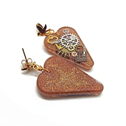 Heart Shaped Steampunk Earrings with Cogs and Padlocks