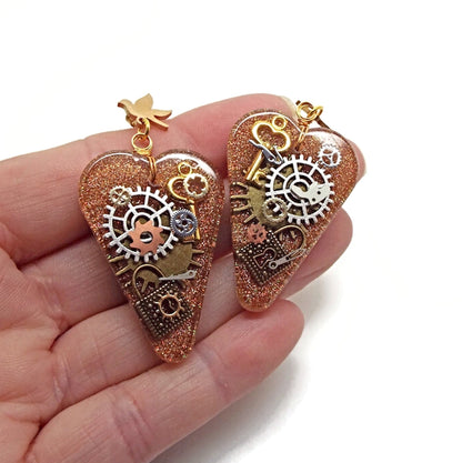 Heart Shaped Steampunk Earrings with Cogs and Padlocks