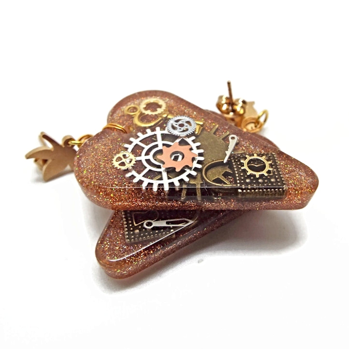Heart Shaped Steampunk Earrings with Cogs and Padlocks