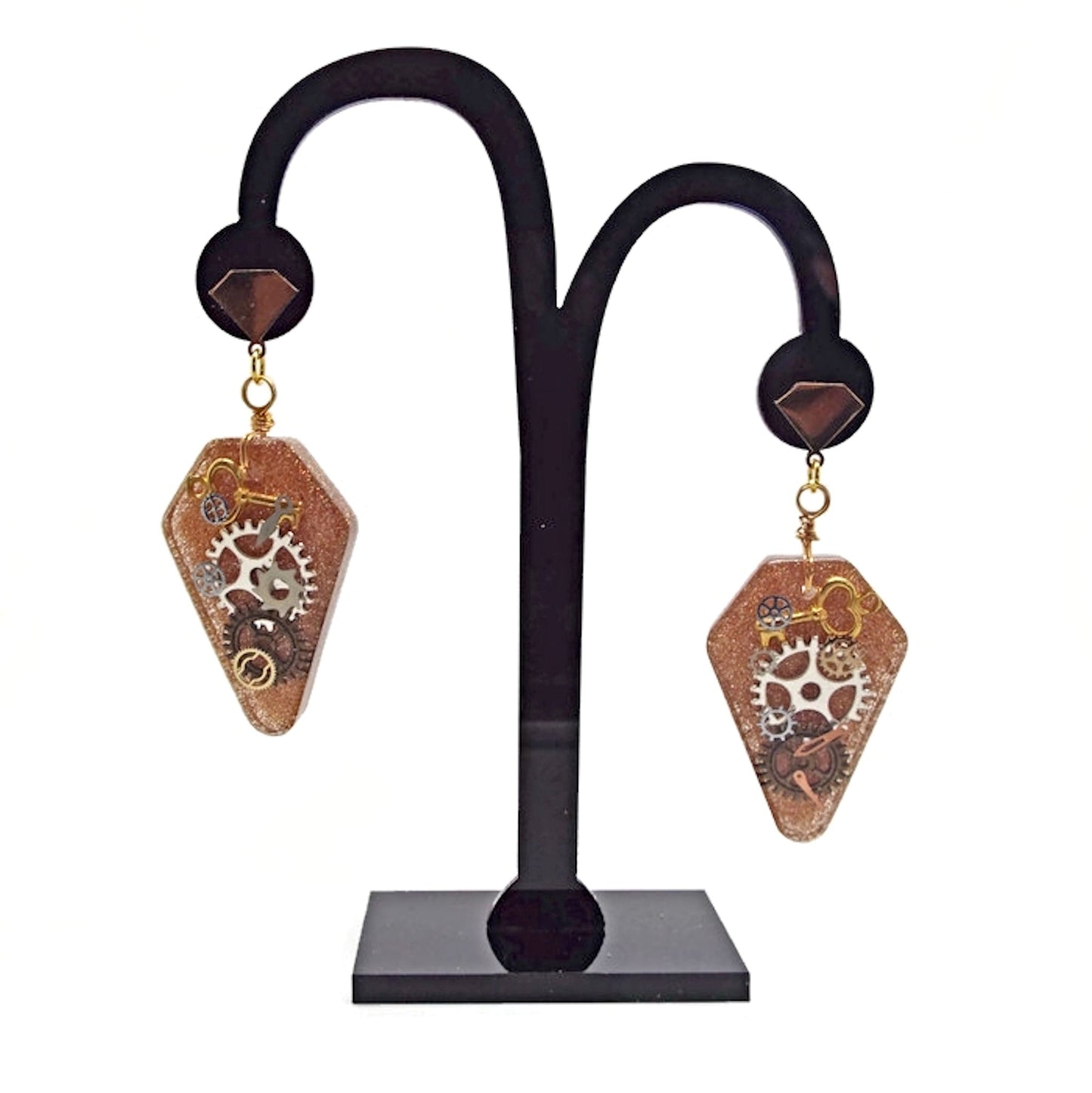 Golden Resin Steampunk Earrings with Cogs and Keys