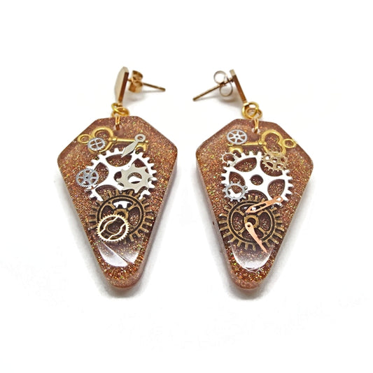 Golden Resin Steampunk Earrings with Cogs and Keys