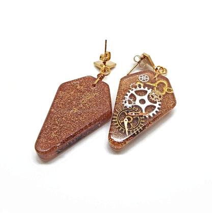 Golden Resin Steampunk Earrings with Cogs and Keys