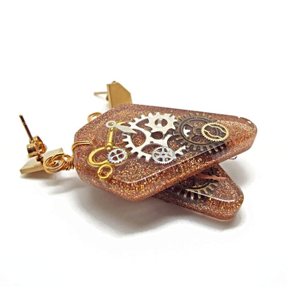 Golden Resin Steampunk Earrings with Cogs and Keys
