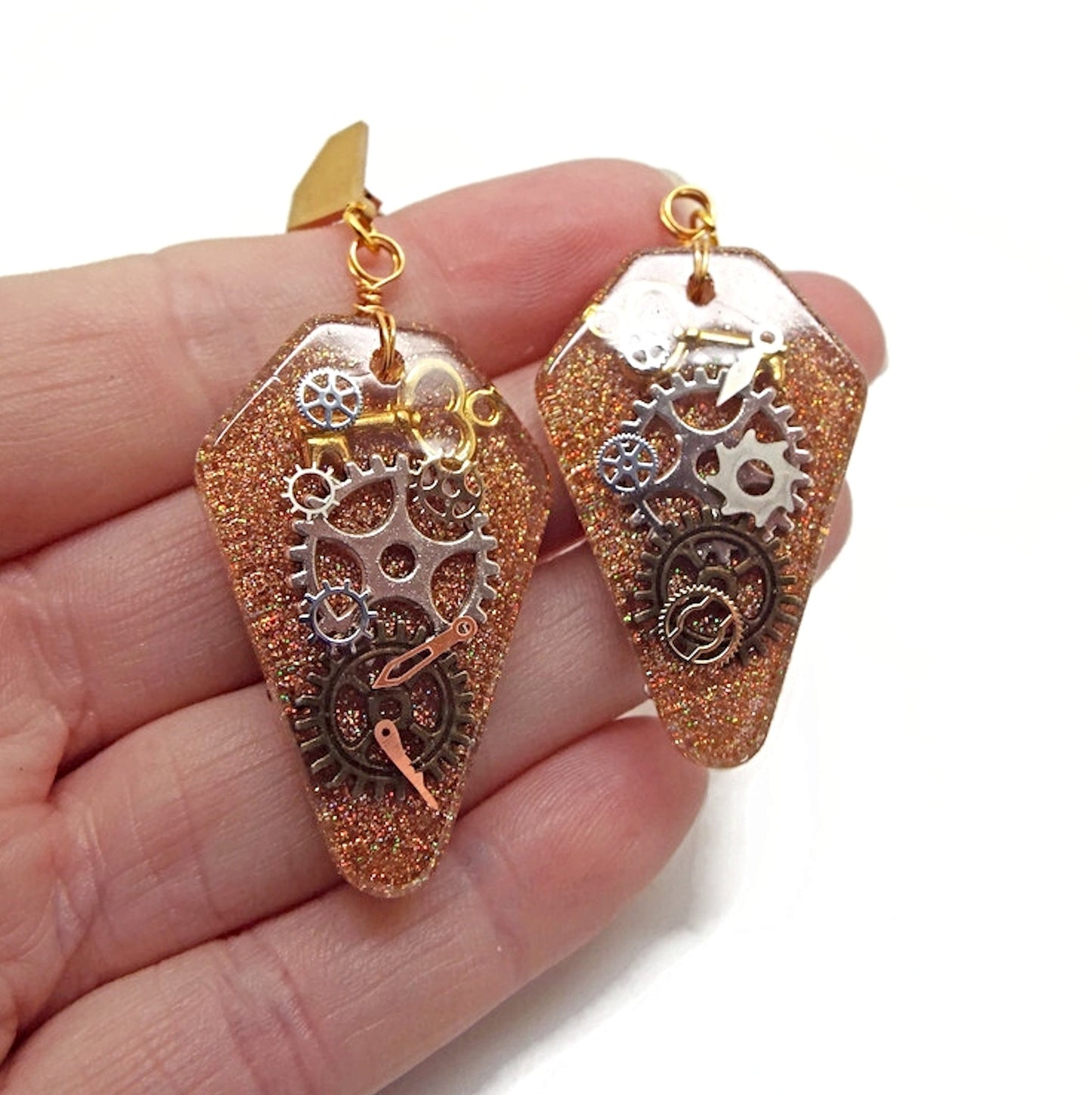 Golden Resin Steampunk Earrings with Cogs and Keys