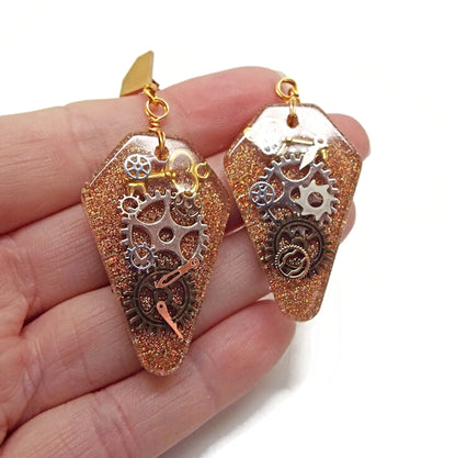 Golden Resin Steampunk Earrings with Cogs and Keys