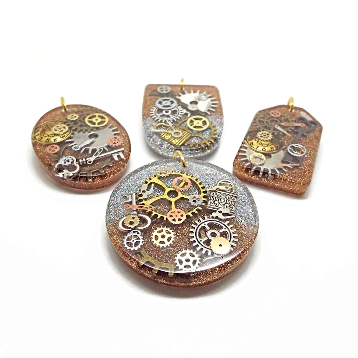 4 Handmade Steampunk Pendants with Metal Inclusions