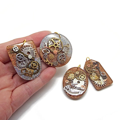 4 Handmade Steampunk Pendants with Metal Inclusions