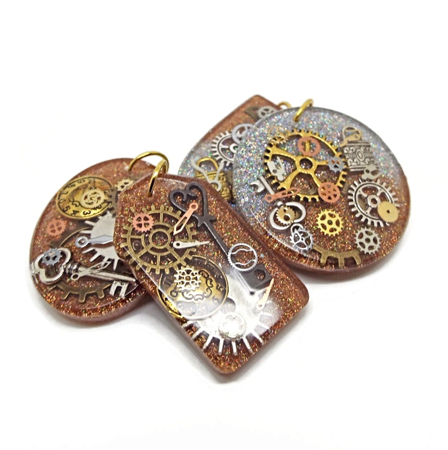 4 Handmade Steampunk Pendants with Metal Inclusions