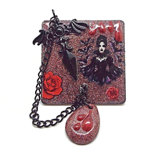 Handcrafted Gothic Brooch with Red Roses and Chain