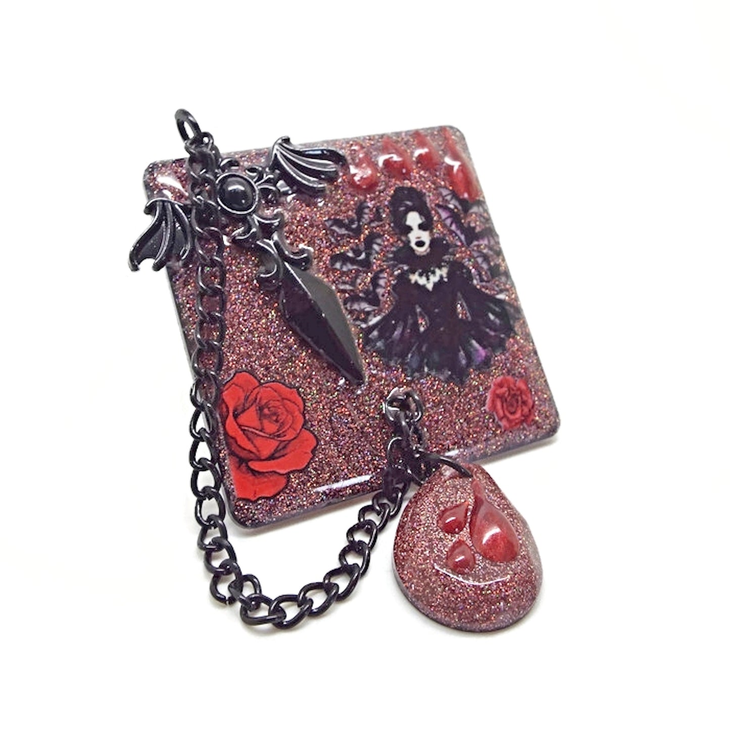 Handcrafted Gothic Brooch with Red Roses and Chain