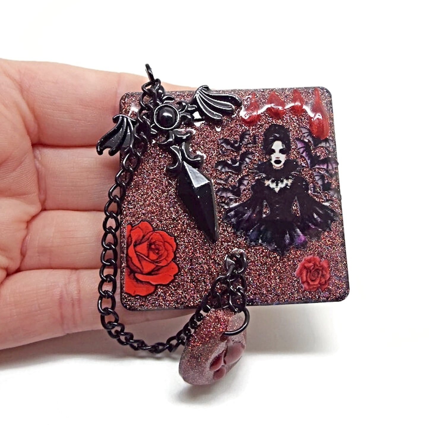 Handcrafted Gothic Brooch with Red Roses and Chain