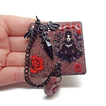 Handcrafted Gothic Brooch with Red Roses and Chain