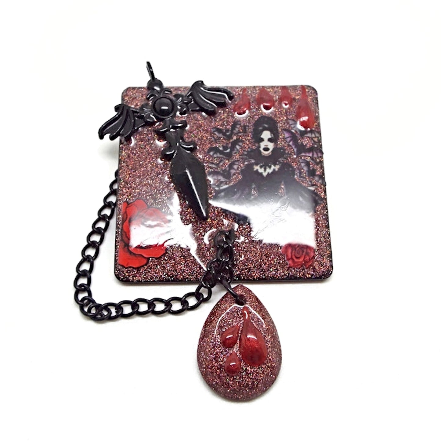 Handcrafted Gothic Brooch with Red Roses and Chain