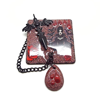 Handcrafted Gothic Brooch with Red Roses and Chain