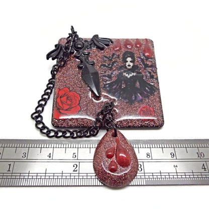 Handcrafted Gothic Brooch with Red Roses and Chain