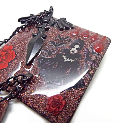 Handcrafted Gothic Brooch with Red Roses and Chain