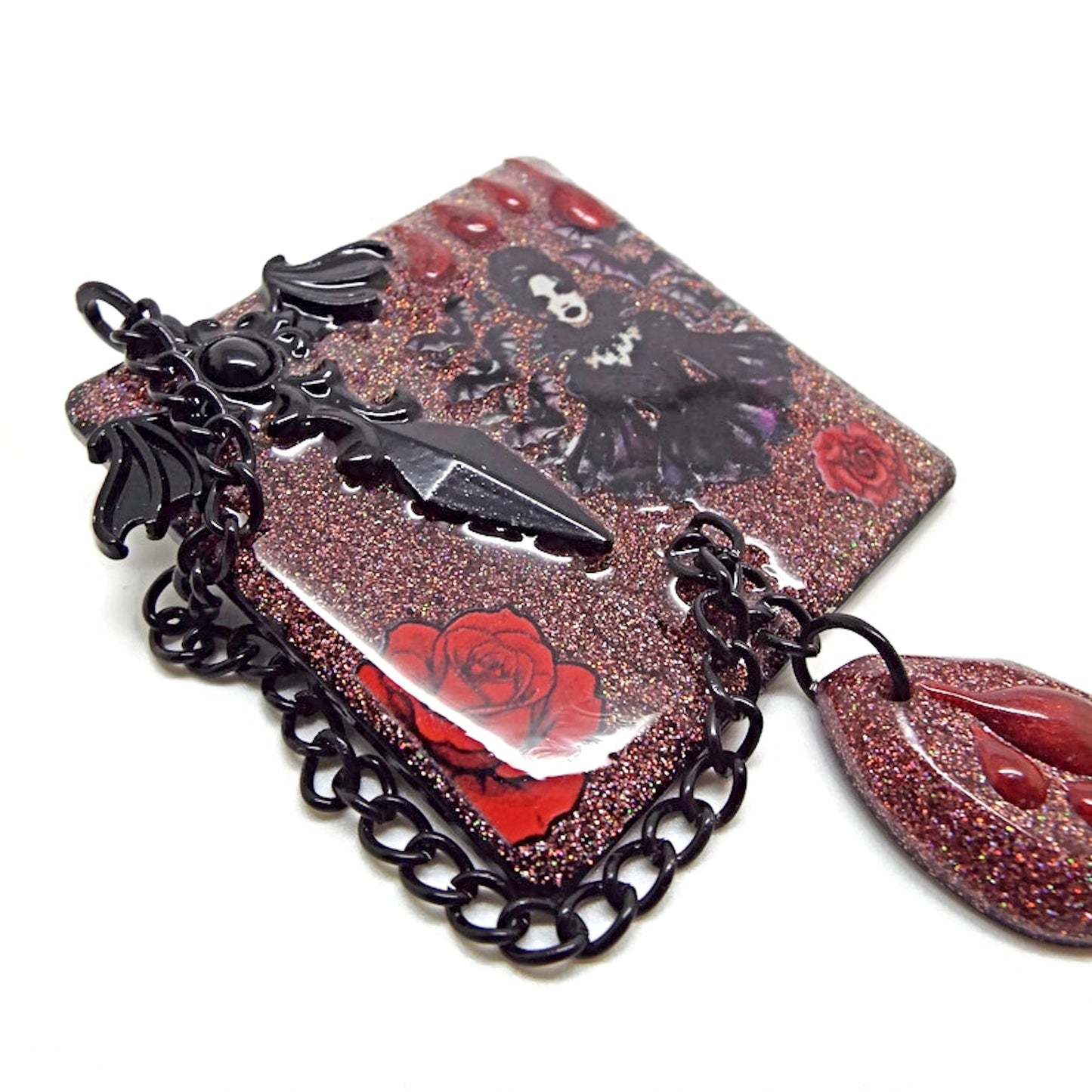 Handcrafted Gothic Brooch with Red Roses and Chain
