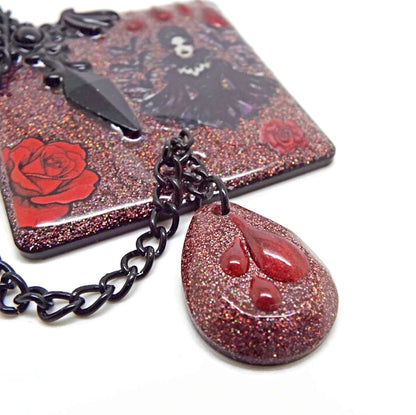 Handcrafted Gothic Brooch with Red Roses and Chain