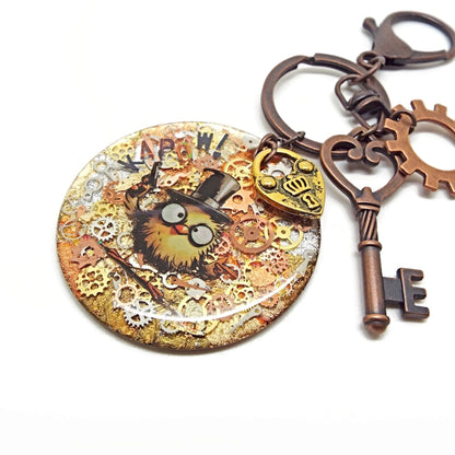 Funny Steampunk Bag Charm with Top Hat Bird