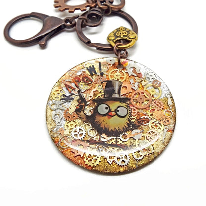 Funny Steampunk Bag Charm with Top Hat Bird