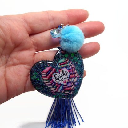 Book Lover Bag Charm or Keyring, Handmade with Resin