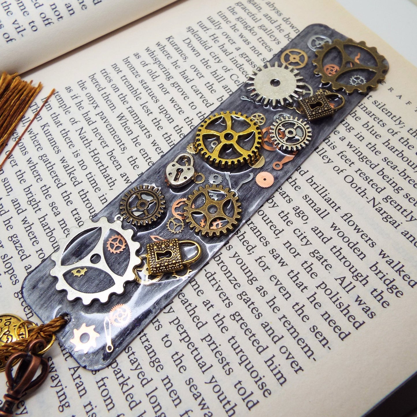 Steampunk Bookmark, Handmade with Resin and Metal Inclusions