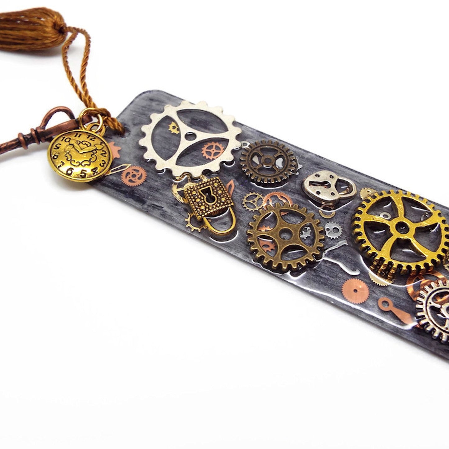 Steampunk Bookmark, Handmade with Resin and Metal Inclusions