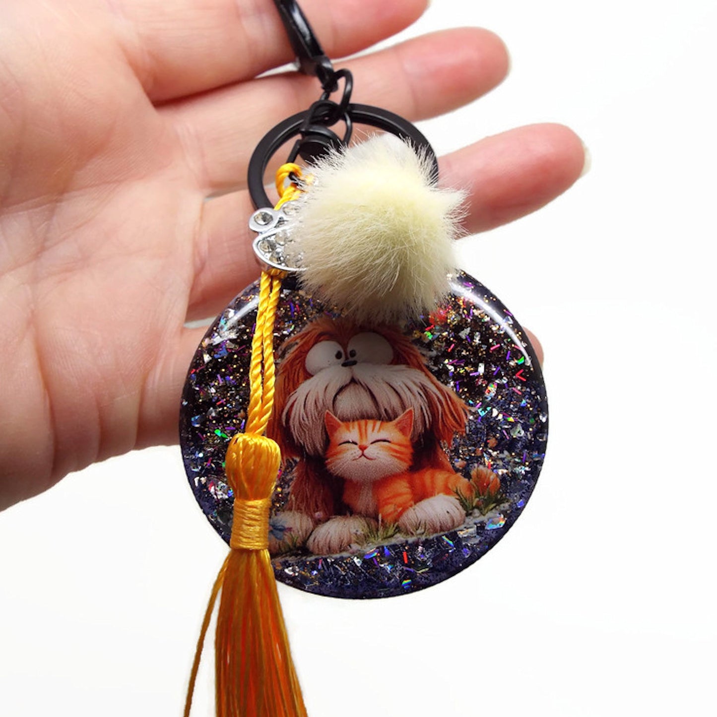 Dog and Kitten Bag Charm or Keyring, Handmade with Resin