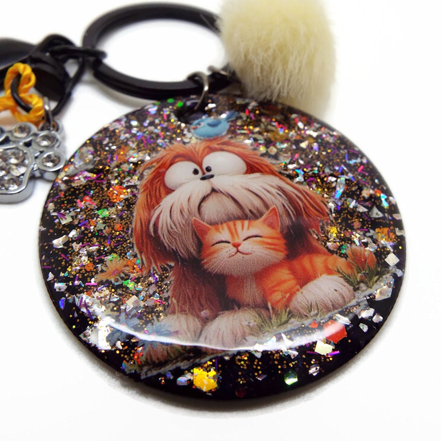 Dog and Kitten Bag Charm or Keyring, Handmade with Resin