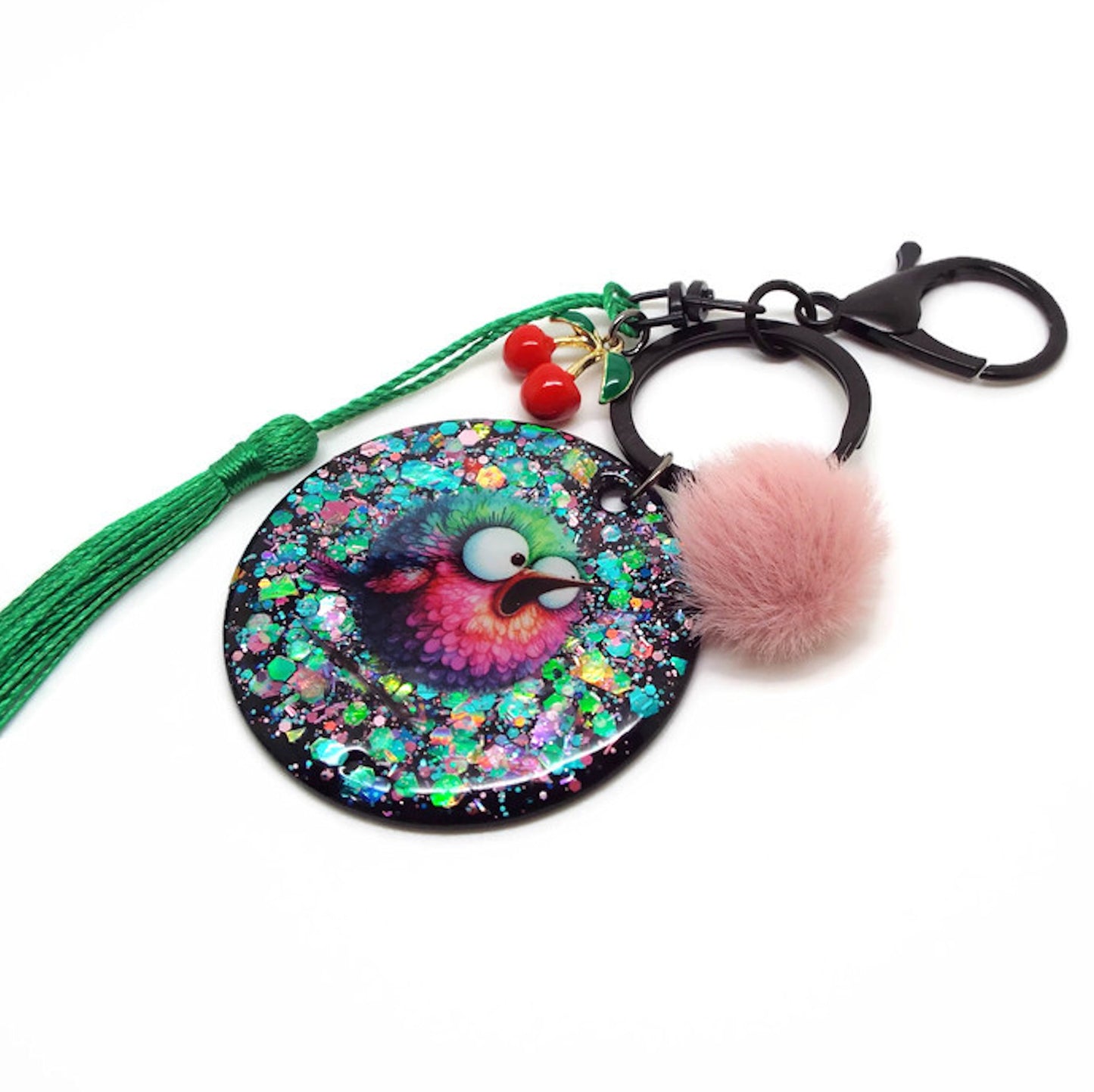 Fluffy Bird Keychain or Bag Charm, Handmade with Resin