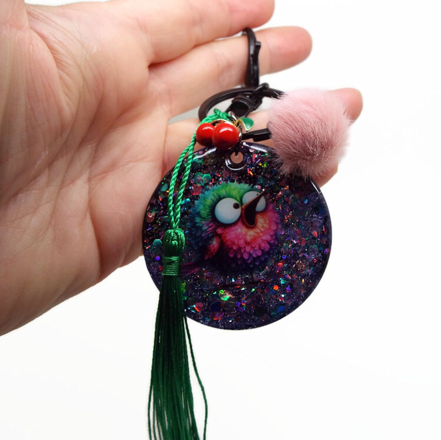 Fluffy Bird Keychain or Bag Charm, Handmade with Resin