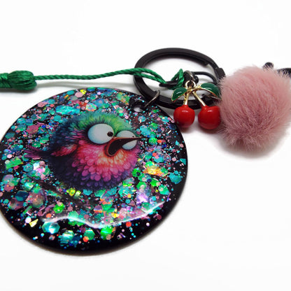 Fluffy Bird Keychain or Bag Charm, Handmade with Resin