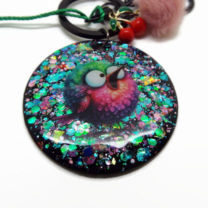 Fluffy Bird Keychain or Bag Charm, Handmade with Resin