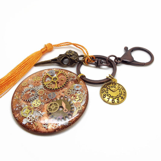 Gothic Steampunk Keyring or Bag Charm with Skull & Cogs