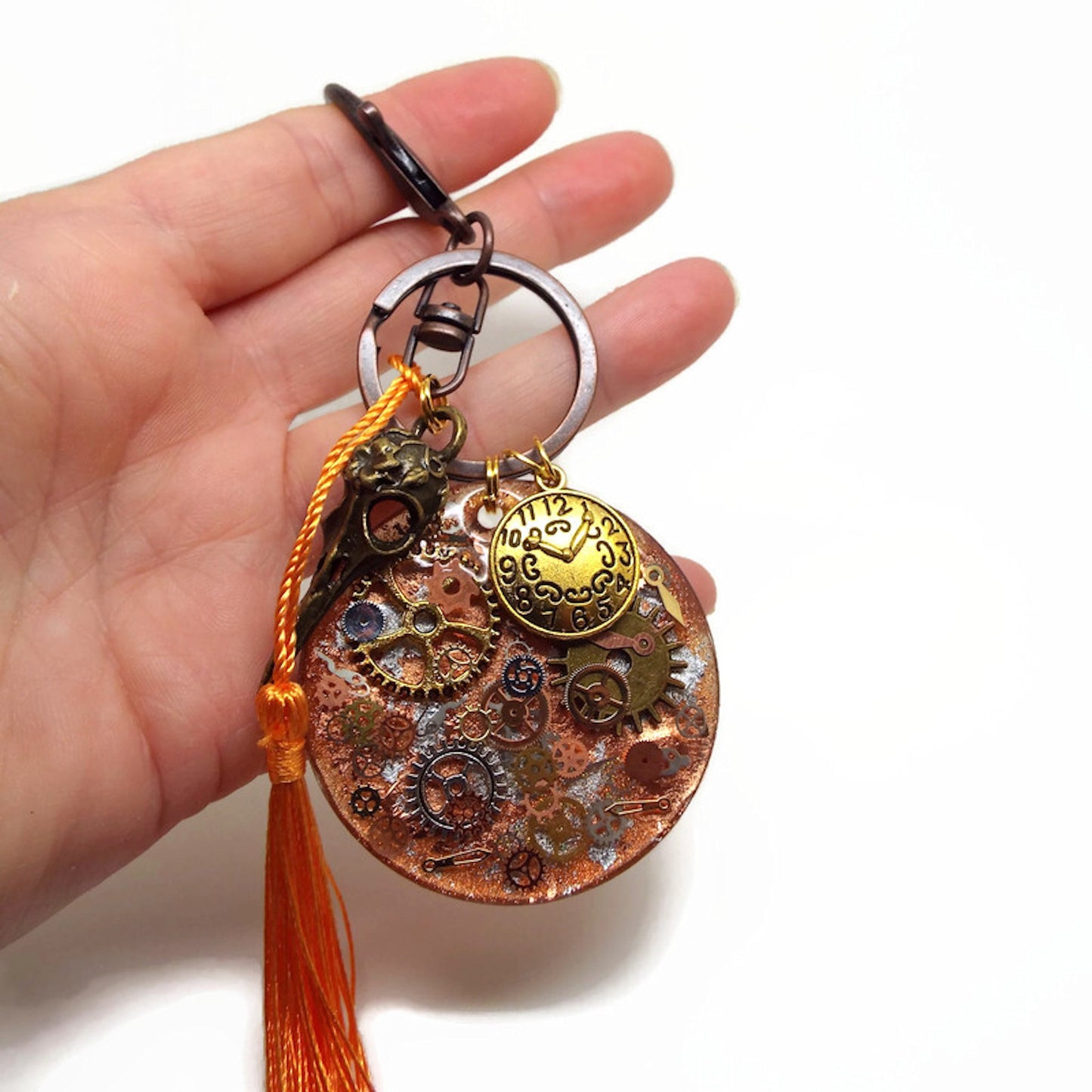 Gothic Steampunk Keyring or Bag Charm with Skull & Cogs