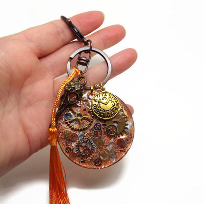 Gothic Steampunk Keyring or Bag Charm with Skull & Cogs