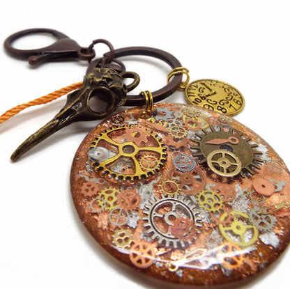 Gothic Steampunk Keyring or Bag Charm with Skull & Cogs