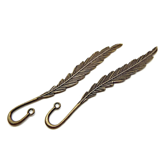 5 BRONZE FEATHER BOOKMARKS in an Antique Style, Blanks for Beads & Charms, 116x14mm