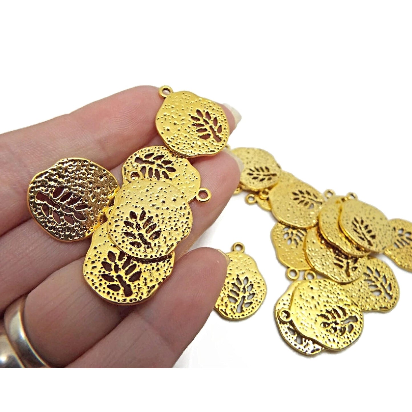 20 Golden Leaf Charms in Irregular Round Design for Jewellery Making