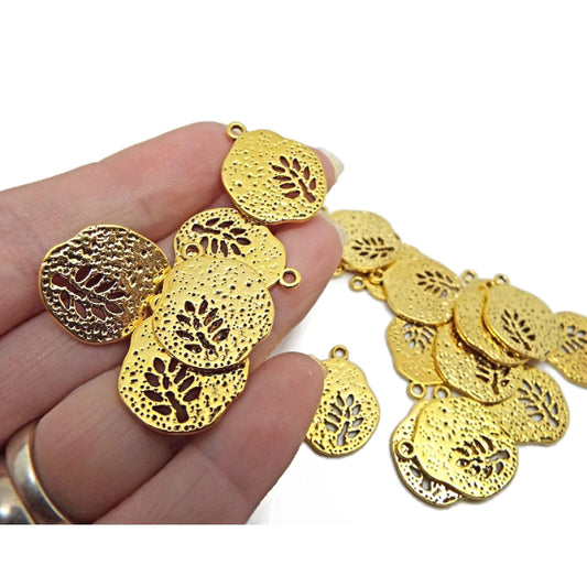 20 Golden Leaf Charms in Irregular Round Design for Jewellery Making